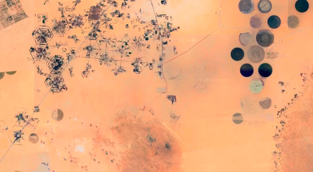 Vệ tinh đã chụp được một số hình ảnh bí ẩn về sa mạc Sahara ở Libya. Mọi người có thể nhìn thấy những kênh đen bị cắt bởi con sông uốn khúc cổ từng cấp nước cho các ốc đảo. Đường kính của một số kênh ước tính 1 km.