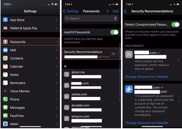 Để cài đặt tính năng này, bạn vào mục Settings > Passwords. Bật chế độ Security Recommendations. Sau đó chọn Detect Compromised Passwords để xem danh sách mật khẩu được khuyến nghị thay đổi.