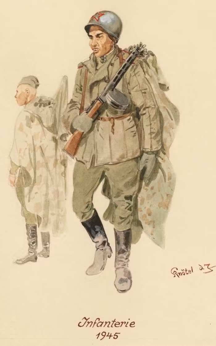  Chiến sĩ bộ binh Liên Xô với súng tiểu liên PPSh-41, năm 1945. Ảnh: Englishrussia.com