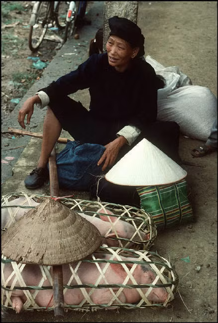 Cụ bà bán lợn ở chợ Trà Lĩnh, 1995. Ảnh: Magnumphotos.com.
