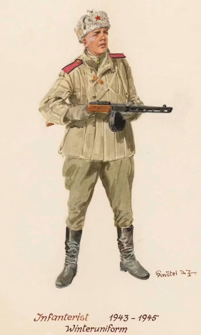 Chiến sĩ bộ binh trong quân phục mùa đông năm 1943 - 1945. Ảnh: Englishrussia.com