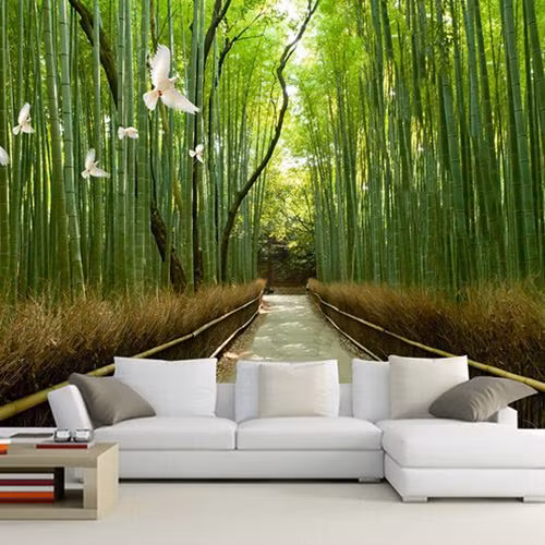 Giấy dán tường phòng khách đẹp hút mắt với khung cảnh rừng trúc xanh mướt, đàn chim bay lượn. Ảnh: Bindo.