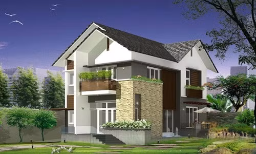  Biệt thự mái thái sở hữu đường nét khỏe khoắn cùng nhiều cây xanh bao quanh. Ảnh: Thietkethicongnhadep.