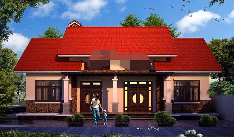Mái thái màu đỏ tươi theo dạng xếp chồng là điểm nhấn kiến trúc của căn nhà 1 tầng. Ảnh: Angcovat.