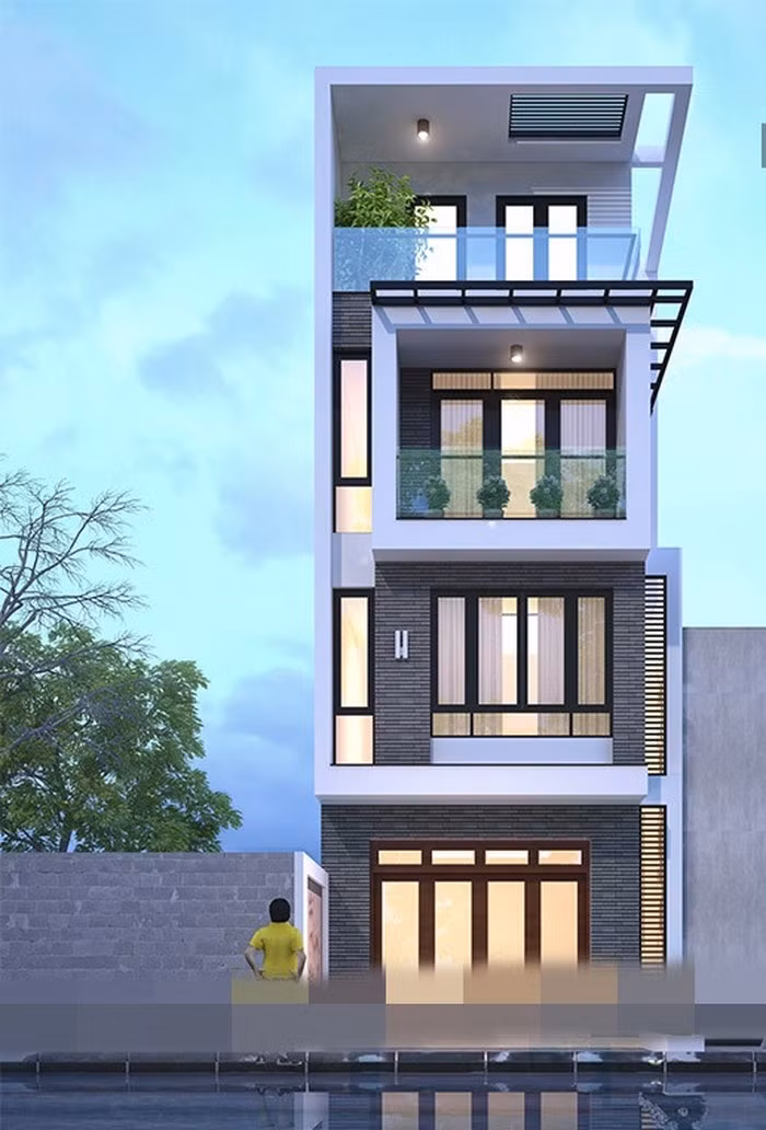Nhà 4 tầng mái bằng nổi bật với khung cửa nhiều khe thoáng độc đáo đưa ra ngoài. Ảnh: Housevn.