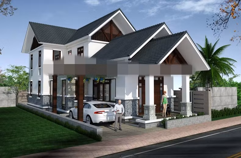  Biệt thự 1 tầng có gác lửng nổi bật ở kiến trúc mái, cách sử dụng vật liệu hiện đại, cho đến các chi tiết trang trí đơn giản, mái ngói giật cấp…Ảnh: Sieuthimaunha.