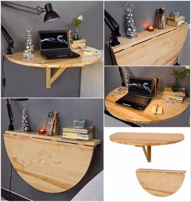 Kệ trang trí thông minh kết hợp với bàn làm việc hoặc bàn ăn nhỏ giúp tiết kiệm hơn rất nhiều không gian cho phòng khách. Ảnh: Nhadepso.