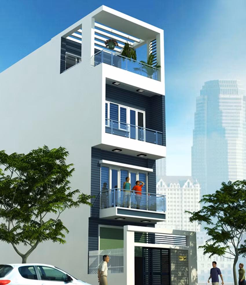 Màu trắng xám được lựa chọn làm tông màu chủ đạo cho nhà phố 4 tầng mái bằng. Ảnh: Arhome.