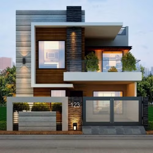  Mẫu nhà phố 2 tầng mặt tiền 7m nổi bật với hình khối cầu kỳ, ốp đá sang trọng và bề thế. Ảnh: Wedo.