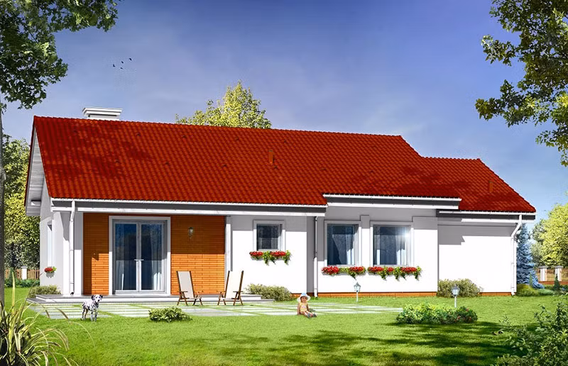 Với diện tích 100 m2, ngôi nhà được bố trí 1 phòng khách, phòng bếp, 3 phòng ngủ, nhà tắm và gara ô tô. Ảnh: Printest.