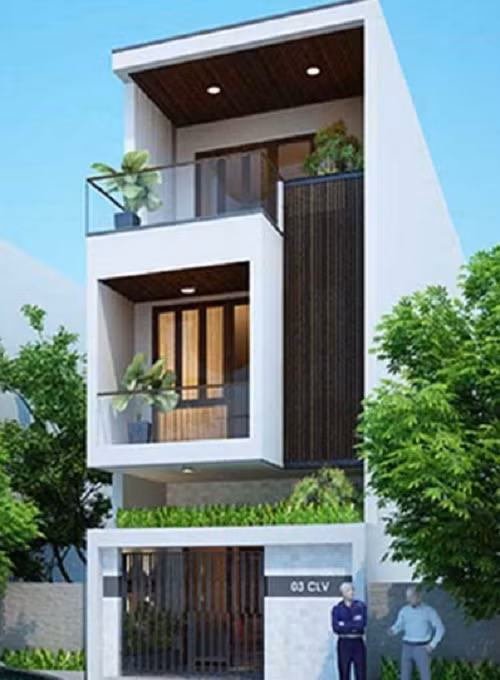 Mặt tiền nổi bật với hệ lam gỗ và khối hình vuông vức. Ảnh: Kientrucvietquang.