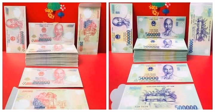 Thị trường bao lì xì Tết năm nay còn có loại in hình tiền Việt các loại mệnh giá 500.000 đồng, 200.000 đồng, 100.000 đồng...Tuy nhiên, mẫu bao lì xì này đang bị xem là vi phạm pháp luật, người tiêu dùng được khuyến cáo không nên mua. Ảnh: Facebook.