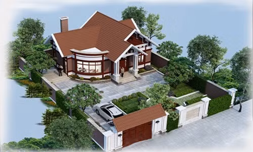  Biệt thự nhà vườn 1 tầng sử dụng màu nâu nổi bật trên không gian sân vườn xanh hút mắt. Ảnh: Thietkehomexinh.