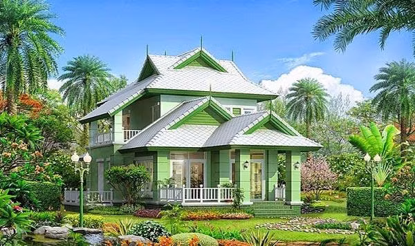 Nhà 4 phòng ngủ trẻ trung với sắc xanh tươi mát. Ảnh: Homedit.