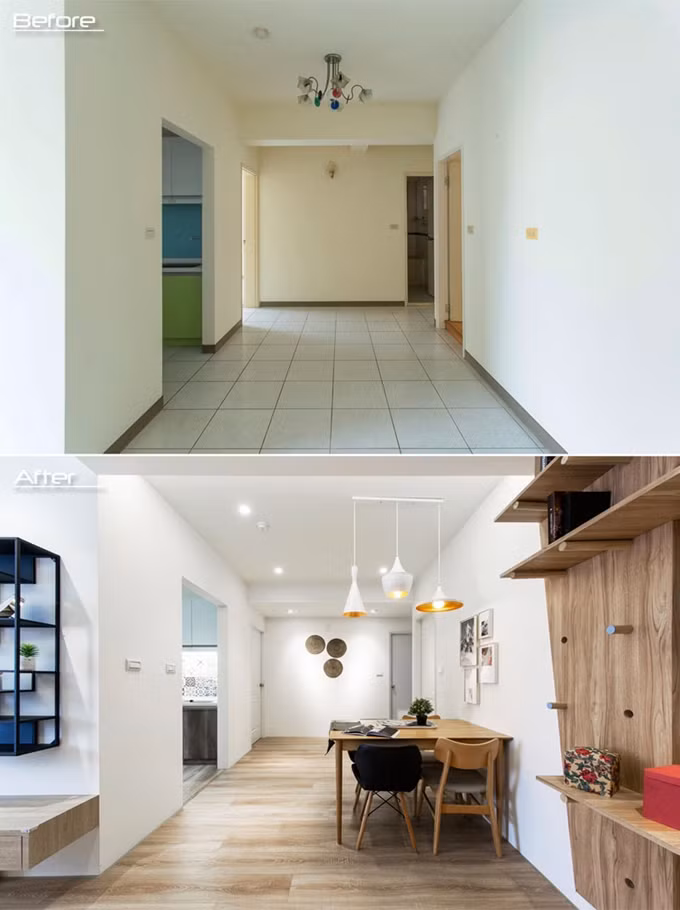Khu vực hành lang nối phòng khách với các phòng khác được tận dụng bố trí bàn ăn cho 4 người.