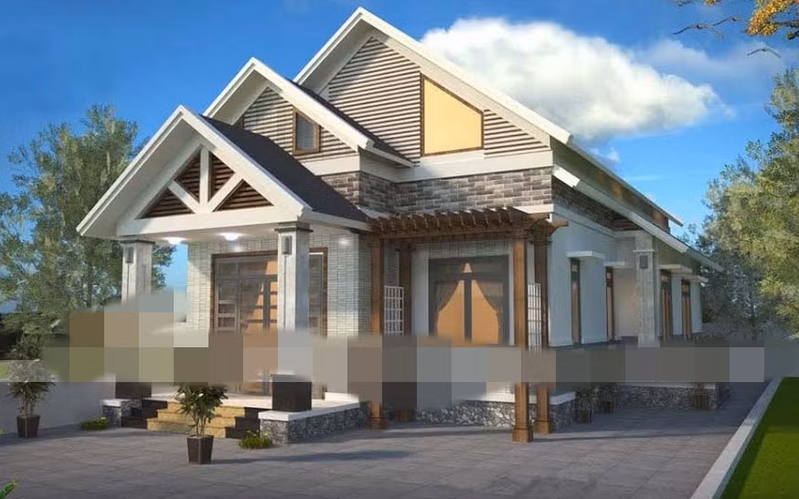 Mặt tiền của ngôi nhà đua ra làm hiên kèm thêm phần mái để giúp cho công trình đẹp hơn và tạo thế đón khách. Ảnh: Vietnamarch.