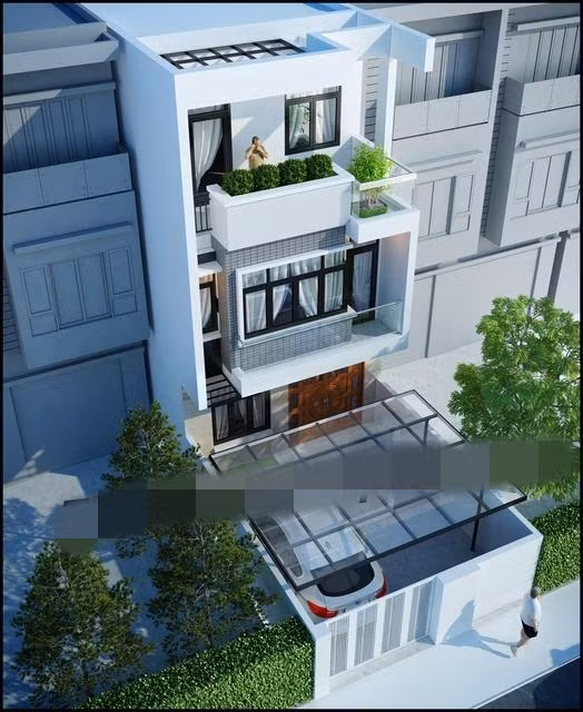 Nhà phố 3 tầng có sân trước rộng 7m, lợp mái che kính sáng thoáng. Ảnh: Thietkenhadepmoi.