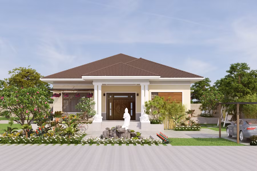  Nhà vườn mái thái 1 tầng vừa tinh tế lại vừa gần gũi thiên nhiên. Ảnh: Neohouse.