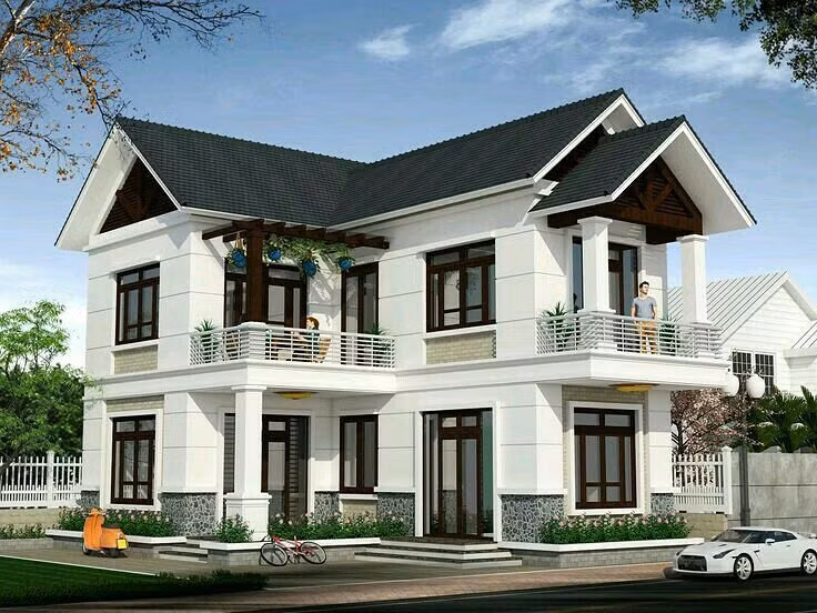 Hệ trụ cột theo phương thẳng đứng và gia cố thêm kết cấu tạo sự bề thế, chắc chắn cho toàn bộ ngôi nhà. Ảnh: Kientrucroman.
