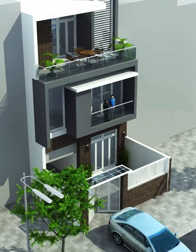 Bên cạnh đường nét hiện đại, nhà ống 3 tầng còn được nhấn nhá bằng các mảng màu kết hợp kính và lan can kính. Ảnh: Xaydungtrangtrinoithat.