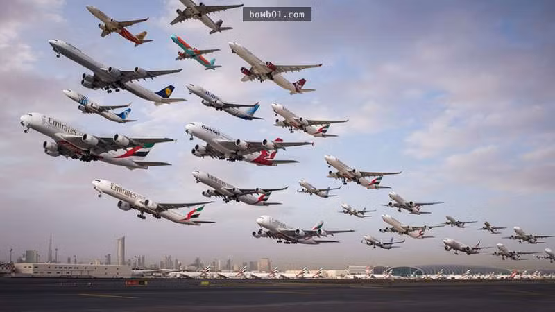 Hàng loạt máy bay cùng cất cánh tại sân bay quốc tế Dubai. Ảnh: Mashable.