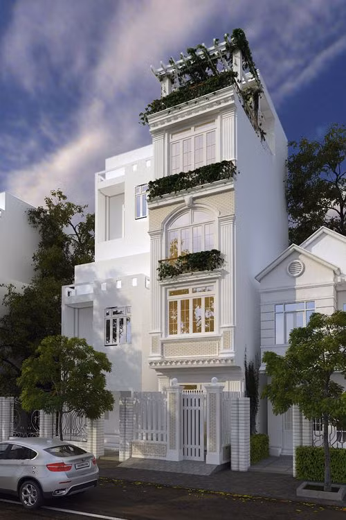 Mặt tiền được sử dụng tone màu trắng sáng kết hợp họa tiết tinh tế. Ảnh: Xaynhasaigon.