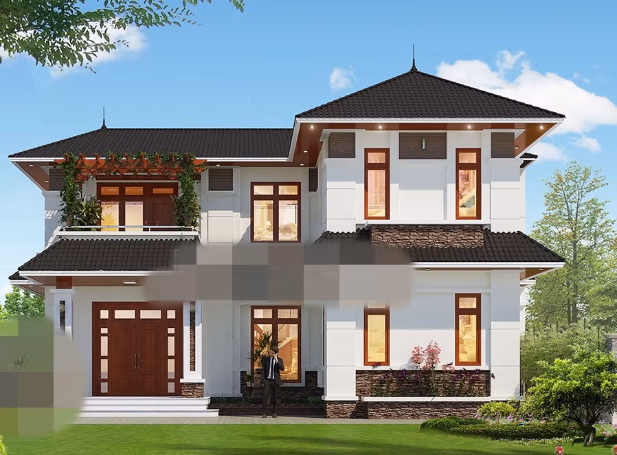 Việc khéo léo sử dụng gạch ốp tường tối màu làm điểm nhấn trên nền tường trắng tinh khiết mang đến vẻ đẹp tinh tế cho ngôi nhà. Ảnh: Kienphumy.