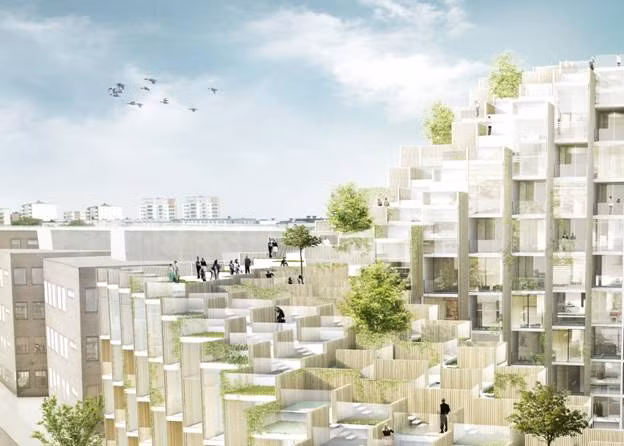 Bjarke Ingels Group đã công bố kế hoạch xây dựng cho 79 &amp; Park, một khu dân cư giống như ngọn núi được bao phủ bởi một khu vườn cây xanh trên mái tại quận Gärdet thành phố Stockholm, Thụy Điển. Khu dân cư này có cấu trúc như là một khối bậc thang thực vật xanh mát bao phủ lên những căn hộ và sử dụng vật liệu chủ yếu là kính thủy tinh và gỗ tuyết tùng kết nối con người với cảnh quan thiên nhiên tươi mát.