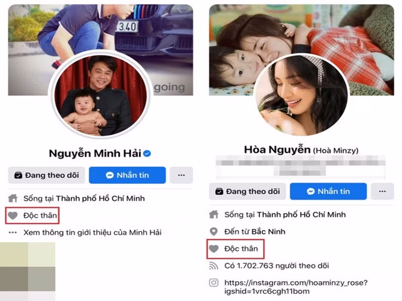 Cả hai vừa bị soi vẫn để chế độ độc thân trên Facebook dù đã có con chung. Một số người cho rằng có khả năng Hòa Minzy và Minh Hải giữ chế độ này từ trước và chưa thay đổi. Ảnh: Giao thông