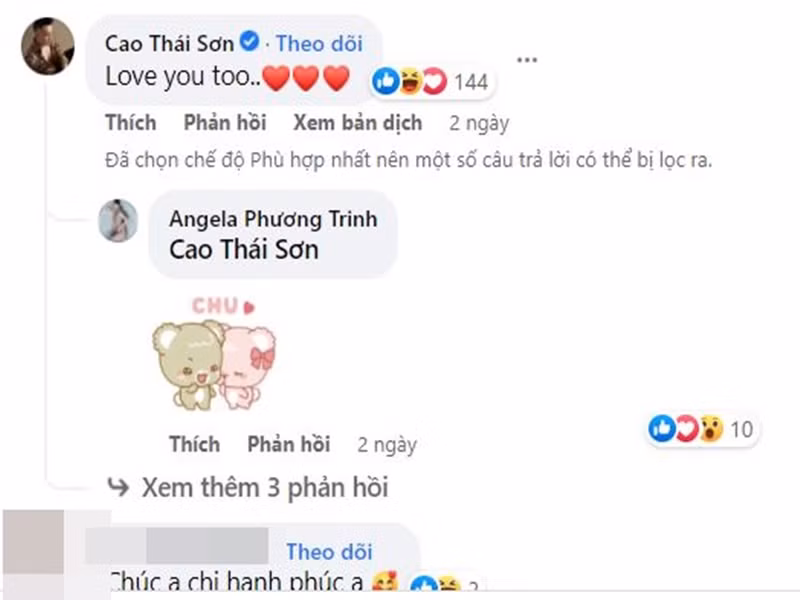 Cao Thái Sơn đáp lại Angela Phương Trinh: "Love you too" (tạm dịch: Anh cũng yêu em).