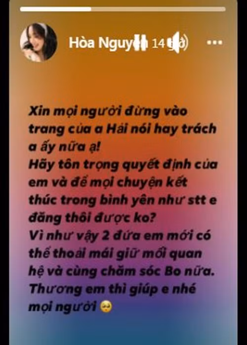 Trên trang cá nhân, Hòa Minzy liên tục lên tiếng để bảo vệ bố của con trai. Nữ ca sĩ mong cư dân mạng không công kích doanh nhân Minh Hải trên trang cá nhân của anh.