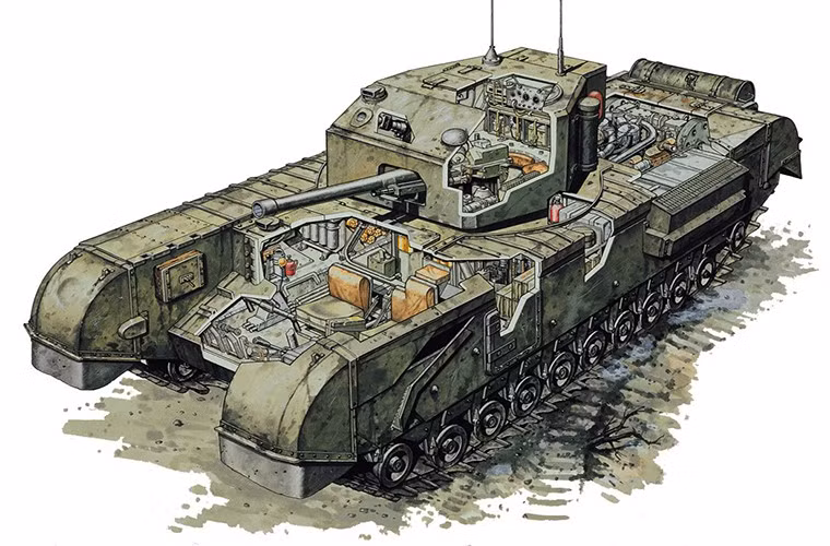 Trong ảnh là mẫu xe tăng hạng nặng Churchill của Anh với thiết kế khá lỗi thời, có một thực tế là hầu hết các mẫu xe tăng của Anh trong CTTG 2 không được đánh giá cao và chúng chỉ hơn xe tăng Pháp một chút do đó cũng khá dễ hiểu khi cả hai đều bị quân Đức đánh bại. Nguồn ảnh: QQ.