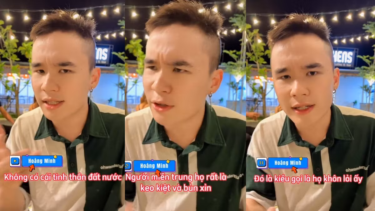 Trong video của mình, Hoàng Minh cho rằng “người miền Trung rất keo kiệt và bủn xỉn, hà tiện, khôn lỏi, lúc nào cũng nghĩ cho bản thân, gia đình của họ trước, không có tinh thần xã hội, không có tinh thần đất nước… nên miền Trung rất kém phát triển so với những miền còn lại…".