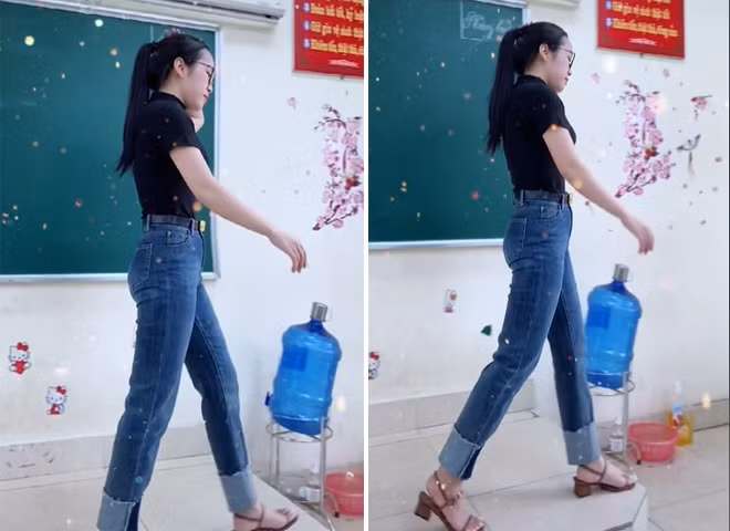 Đôi khi, cô xúng xính váy đầm nữ tính nhưng vẫn đảm bảo đúng chuẩn mực của một cô giáo.