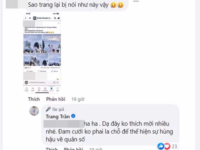 Bị một số cư dân mạng "bóc" điểm không hợp lý trong đám cưới, nữ người mẫu lên tiếng. Trang Trần chia sẻ: "Dạ đây không thích mời nhiều nhé. Đám cưới không phải là chỗ để thể hiện sự hùng hậu về quân số". Ảnh chụp màn hình.