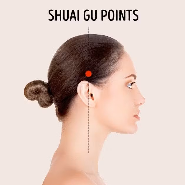 Huyệt xuất cốc: Huyệt này nằm ngay trên tay, cách đường chân tóc khoảng 2-3cm. Mát xa điểm này có thể khiến mắt hết mệt mỏi, ngoài ra còn giúp hệ thần kinh lấy lại thăng bằng khi quá say mê việc gì đó.