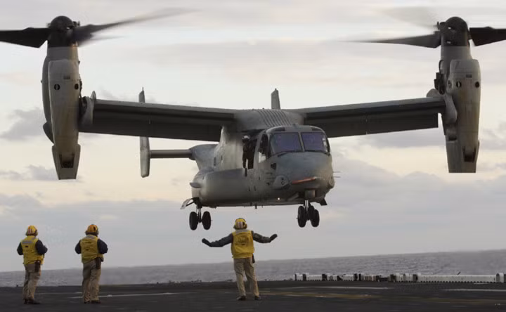 "Chim ưng biển" V-22 Osprey là loại máy bay đặc biệt được Mỹ phát triển từ năm 1983. Nguồn ảnh: AP.
