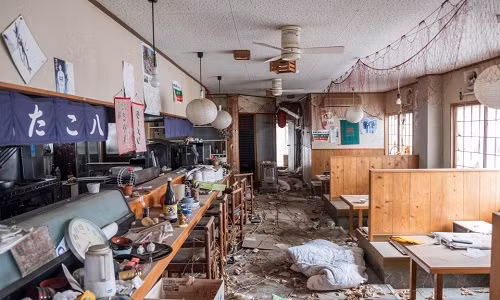 Các nhà hàng trong thành phố Fukushima bị bỏ hoang từ đó cho tới nay, những con đường không một bóng người qua lại.