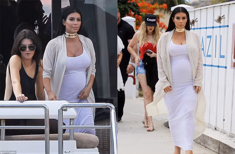 Dù mang bầu sắp tới ngày sinh, thời trang của Kim Kardashian luôn là váy bó ôm sát cơ thể.