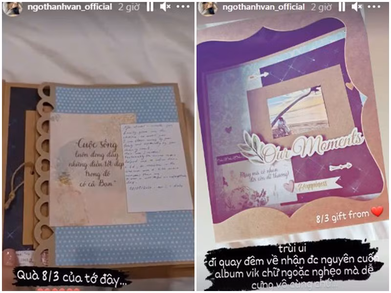 Dịp 8/3/2021, Ngô Thanh Vân khoe quà nhận được sau buổi quay đêm. Đó là album ảnh chụp chung với nửa kia kèm những lời tâm sự viết tay.
