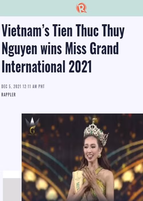 Một tờ khác của Philippines là Rappler cũng đăng tải bài viết Thùy Tiên đoạt vương miện Hoa hậu Hòa bình Quốc tế 2021.