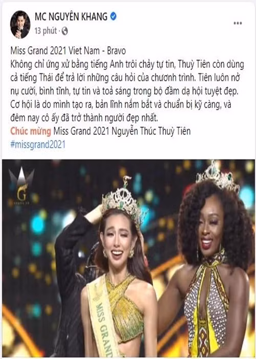 MC Nguyên Khang chúc mừng Thùy Tiên đăng quang.