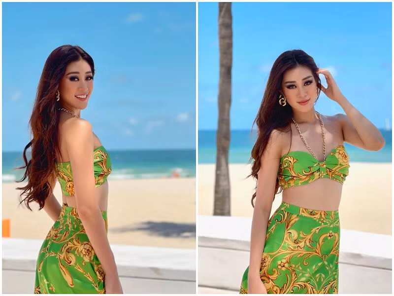 Khánh Vân diện mẫu croptop dạng bra cùng chân váy khi nán lại ở Mỹ hậu chung kết Hoa hậu Hoàn vũ Thế giới 2020 tổ chức hồi tháng 5/2021.