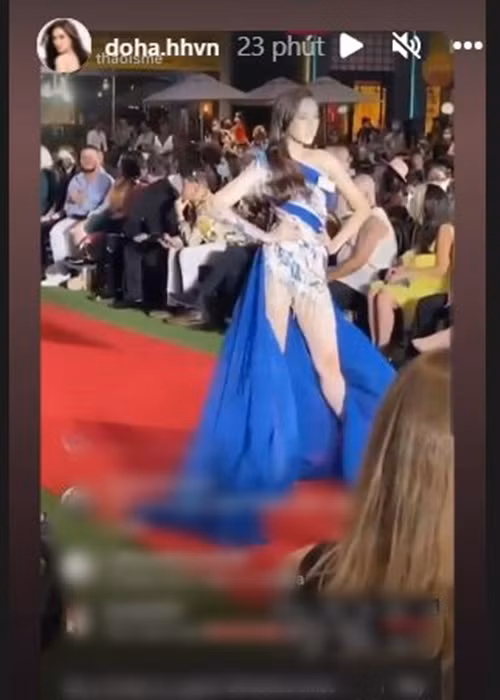 Điểm nhấn của bộ trang phục nằm ở những họa tiết được đính kết dựa trên hệ thống long mạch Việt Nam. Cùng với đó là phần tà bay bổng tạo hiệu ứng mềm mại trong phần trình diễn catwalk của người mặc. Ảnh: FB Đỗ Thị Hà