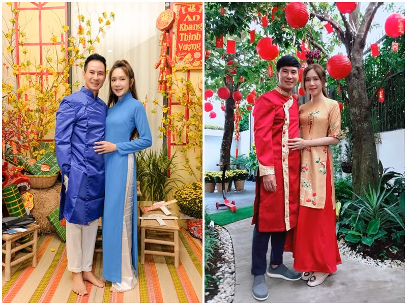 Cặp vợ chồng nổi tiếng Vbiz mặc áo dài cùng tông màu vào dịp lễ Tết.