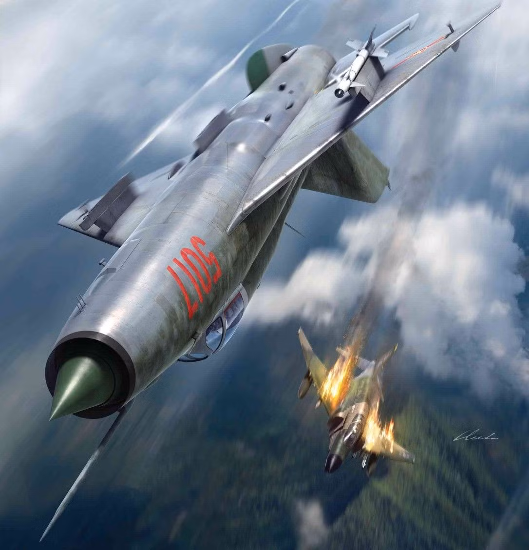 Khi máy bay MiG-21 của Phạm Tuân tiếp cận phía đằng sau B-52 với tốc độ rất cao, 1.500 km/h so với tốc độ của B-52 là 900 km/h nên đã vượt qua tất cả. Đây là nỗ lực của một tập thể lớn, từ tổ chức chỉ huy, sân bay cất cánh, dẫn đường, để có được điều kiện tốt nhất. Ảnh: Đồ họa cuộc chiến đấu giữa MiG-21 và F-4 trên bầu trời Miền Bắc tháng 12/1972 - Nguồn: Wikipedia.