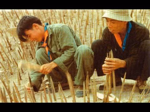 Một trong số các loại bẫy phổ biến nhất trên chiến trường Việt Nam, dễ chế tạo mà lại vô cùng hiệu quả, có tính sát thương cao đó chính là bẫy chông. Bẫy chông đã được người Việt sáng tạo từ xa xưa, dùng các thanh tre, nứa, vót nhọn rồi đào hố cắm xuống đất, khi kẻ địch đi qua nơi đã bị đặt bẫy sẵn sẽ gây sát thương lớn, thậm chí là tử vong. Ảnh: Bộ đội Việt Nam cài chông chống quân Pháp nhảy dù trong cuộc kháng chiến chống Pháp.