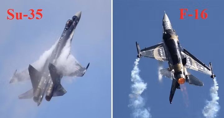 Su-35 là loại máy bay sử dụng hai động cơ, F-16 chỉ một động cơ, nên khả năng cơ động, Su-35 có ưu thế vượt trội so với F-16. Trong trường hợp xảy ra trận không chiến, Su-35 có thể sử dụng hệ thống radar và tên lửa không đối không tầm xa, thực hiện chiến thuật không chiến hiện đại "thấy trước, bắn trước, thoát ly nhanh", khiến tiêm kích F-16 của Thổ Nhĩ Kỳ thậm chí không có cơ hội phản công. Nguồn ảnh: QQ.