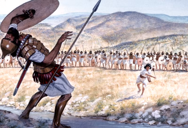 Viên đá bay ngay vào giữa trán khiến người khổng lồ Goliath ngã xuống đất bất tỉnh. Thấy vậy, quân lính Philistine sợ hãi và bỏ chạy.