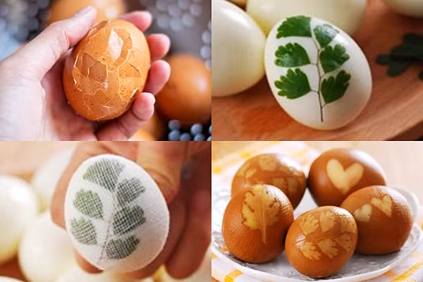 Với trứng in hình hoa lá bạn hãy luộc trứng sau đó bóc vỏ. Tiếp đó lấy những chiếc lá, bông hoa có hình mà bạn muốn in lên quả trứng dính lên trên mặt trứng sau đó bọc lại bằng khăn vải xô sạch rồi cho trứng vào nồi đun cùng nước củ dền, nước màu đã chuẩn bị.